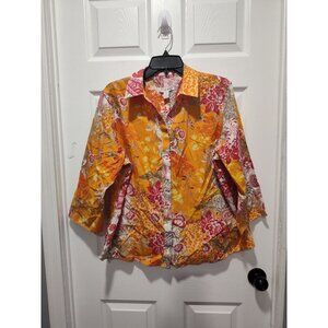 Chico’s No iron Multicolor Floral Paisley Print Hidden Buttonup 3/4 Sz‎ 3 XL/16